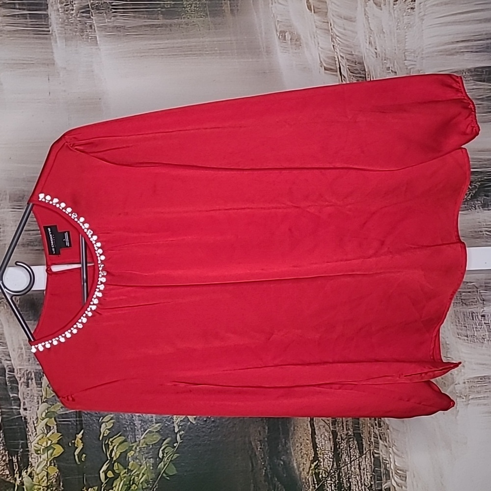 Liz Clairborne Career Womens Large classic red dressy rhinestone beaded blouse